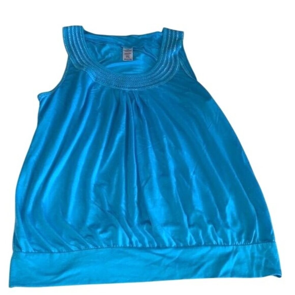 Womens Sleeveless Blue Beaded Neckline Tank Top Size L/G Polyester & Nylon Blend